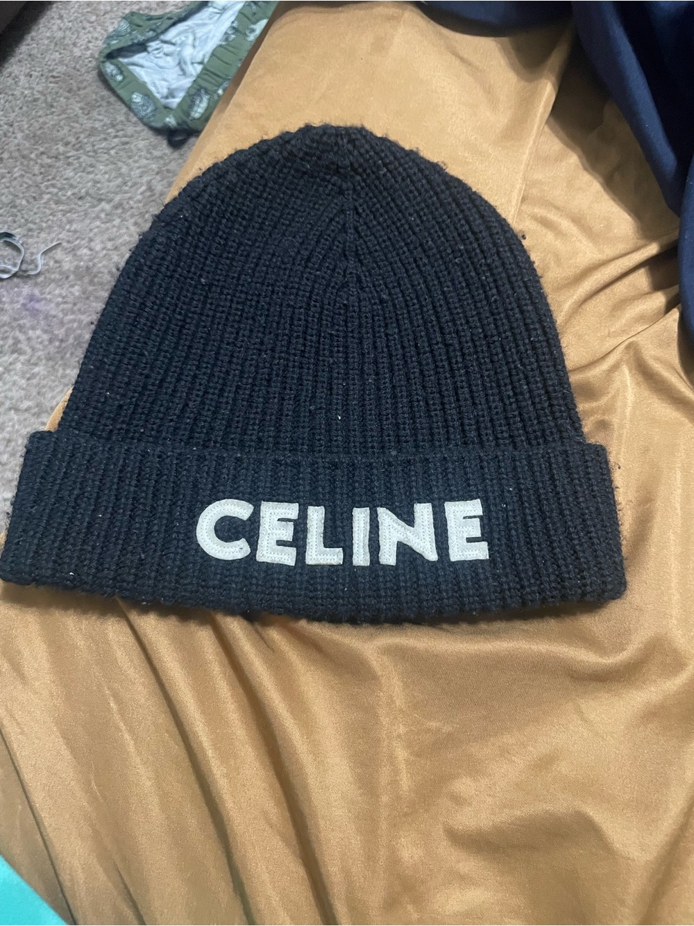 Celine Black Rib Knit Logo Beanie